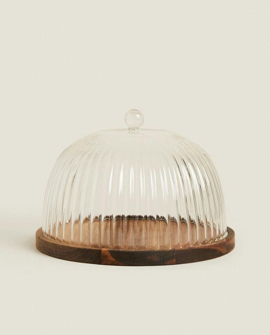WOODEN AND GLASS CAKE PLATE