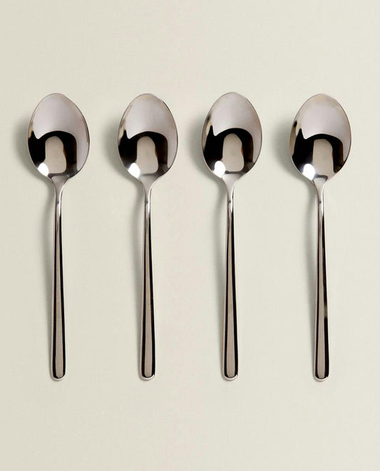 BOX OF 4 SHINY STEEL DESSERT SPOONS