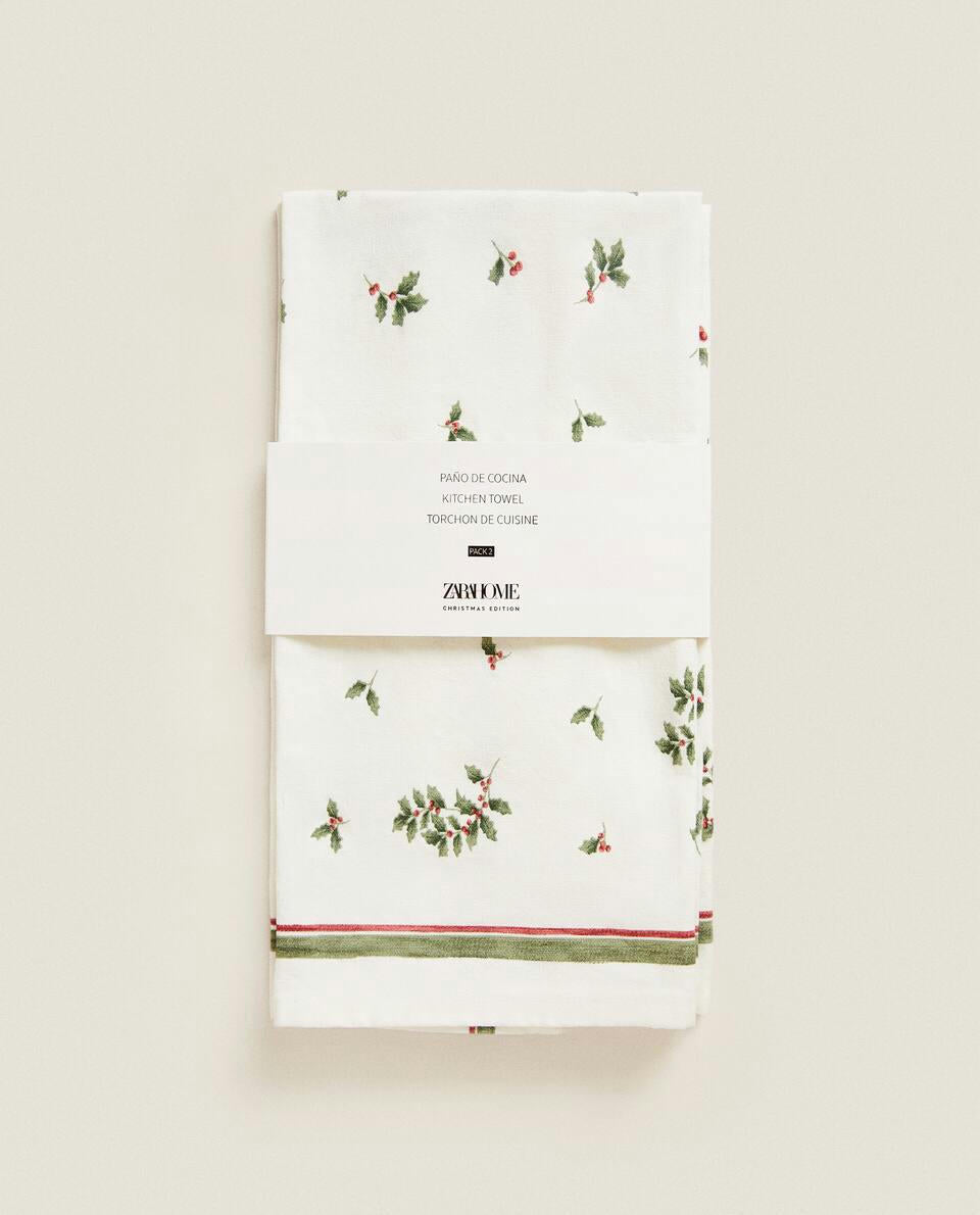 PACK OF COTTON CHRISTMAS HOLLY TEA TOWELS (PACK OF 2)