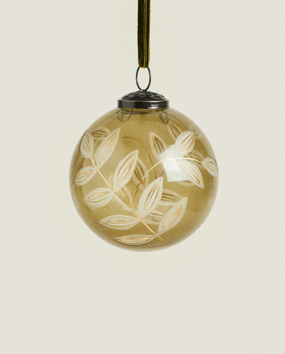 CHRISTMAS GLASS BAUBLE WITH LEAVES DECORATION