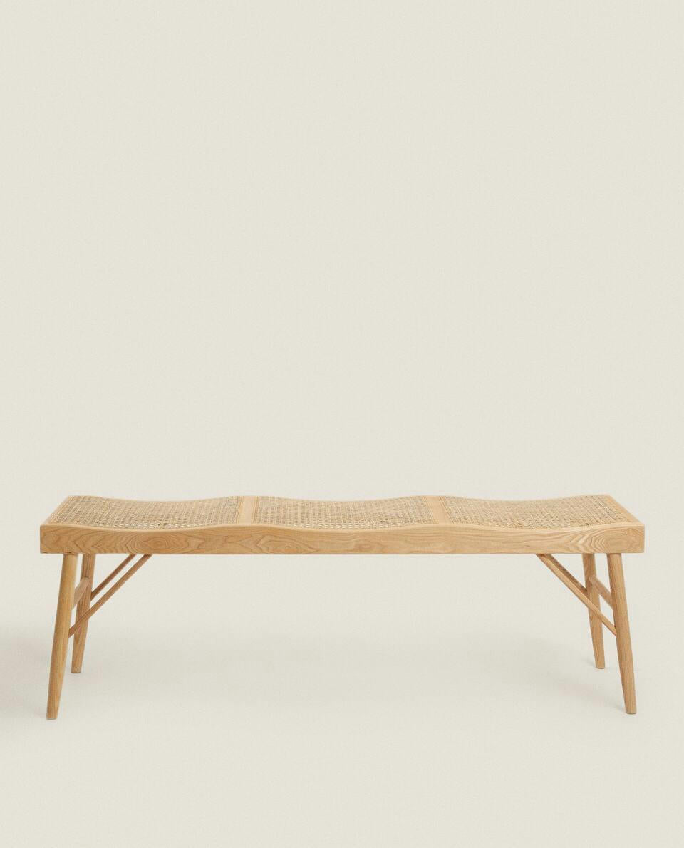 WOOD AND RATTAN BENCH