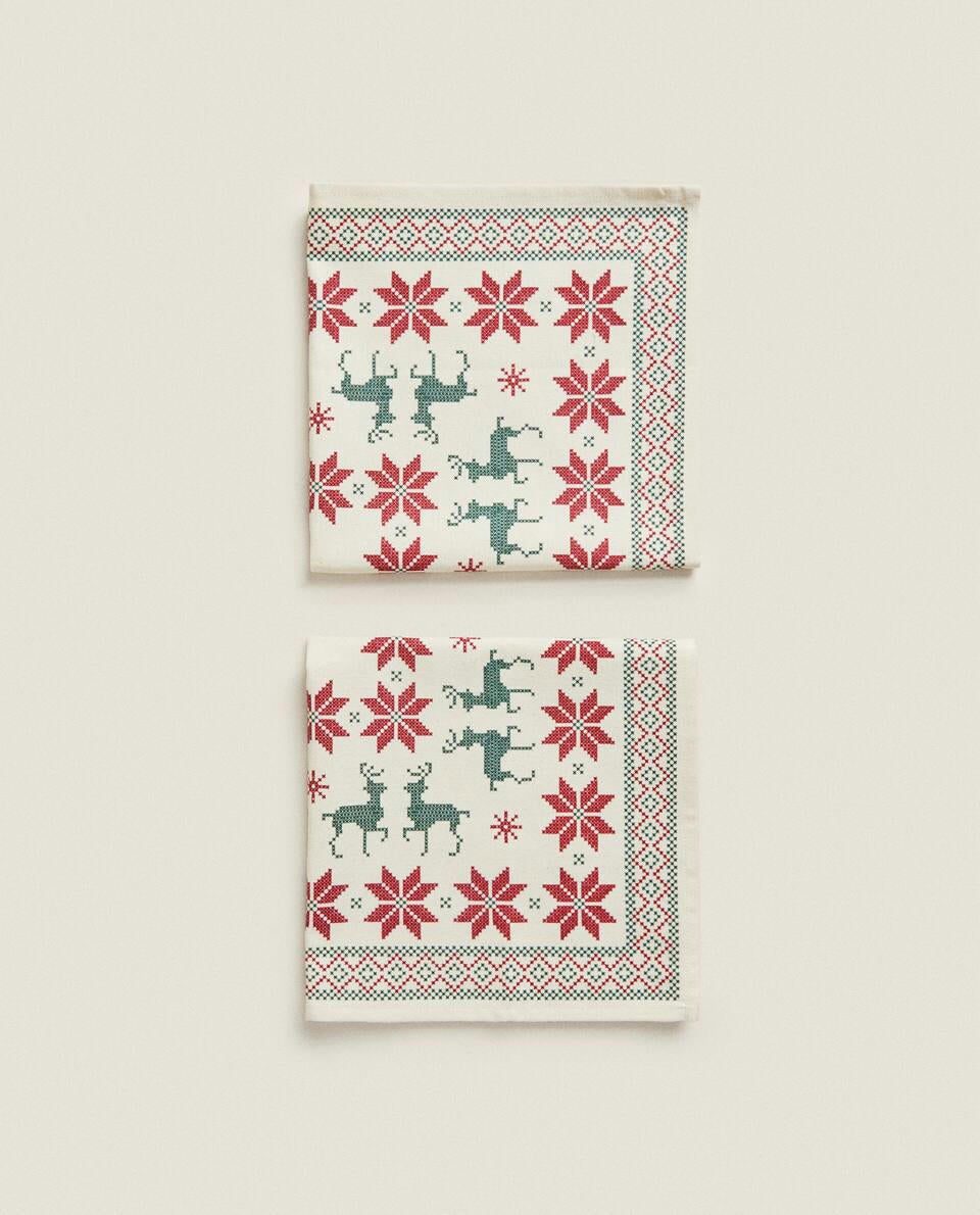 CHRISTMAS CROSS-STITCH COTTON NAPKINS (PACK OF 2)