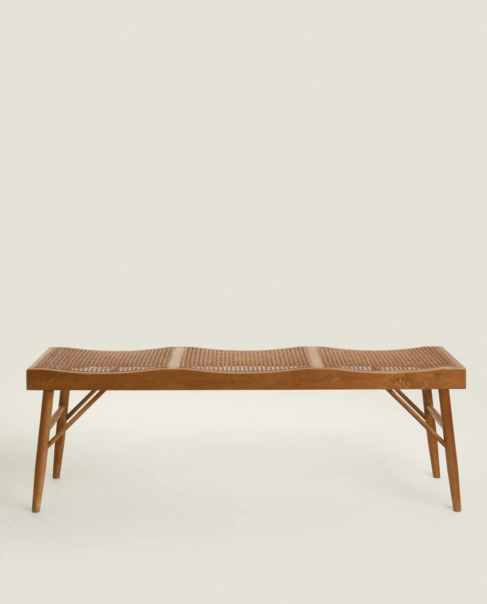 WOOD AND RATTAN BENCH