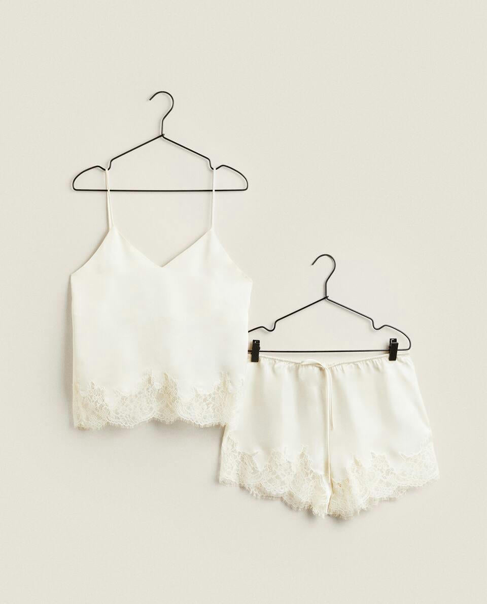 SATIN SHORTS WITH BLONDE LACE