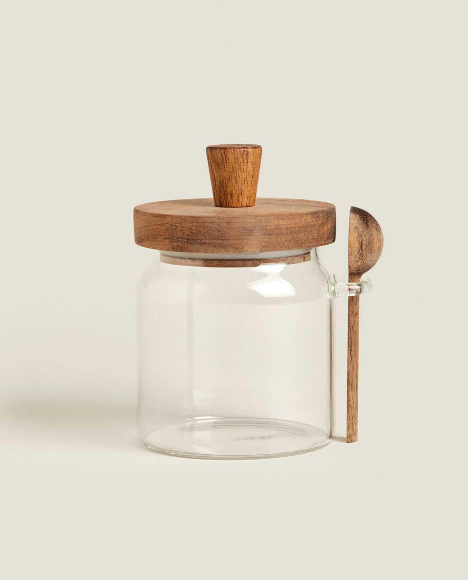 BOROSILICATE GLASS AND WOODEN SUGAR BOWL