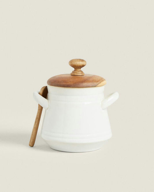 CERAMIC SUGAR BOWL WITH WOODEN LID