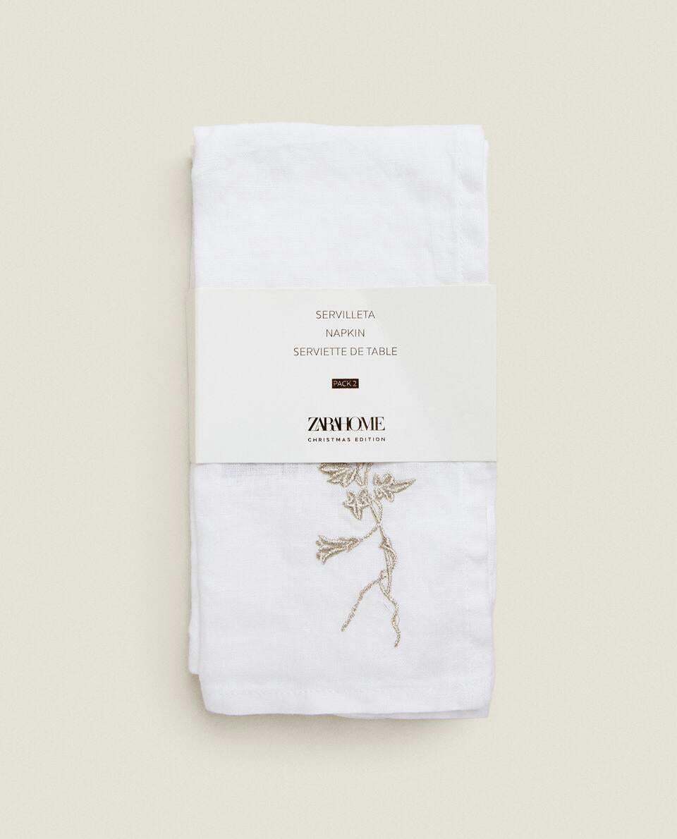 PACK OF EMBROIDERED LINEN CHRISTMAS NAPKINS (PACK OF 2)