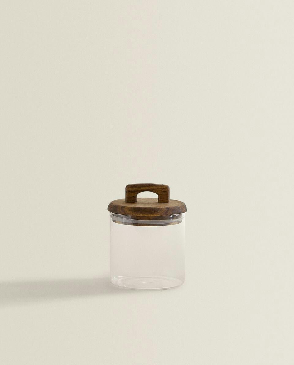 BOROSILICATE GLASS AND WOOD STORAGE JAR