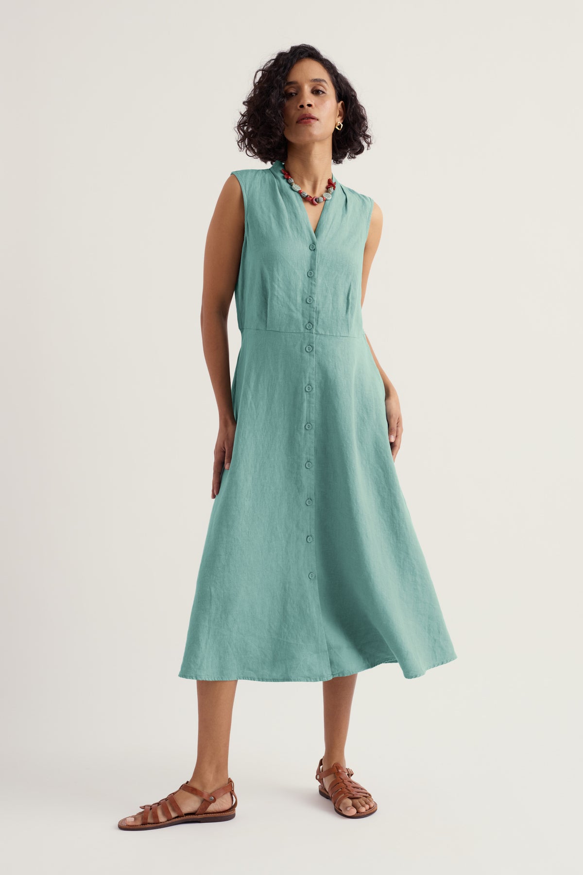 Carved Wood Linen Sleeveless Dress