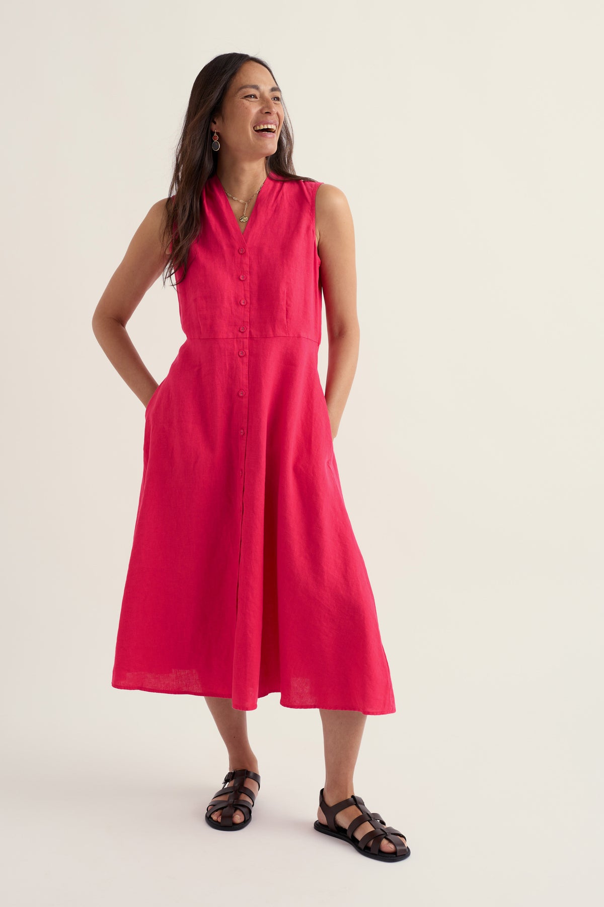 Carved Wood Linen Sleeveless Dress
