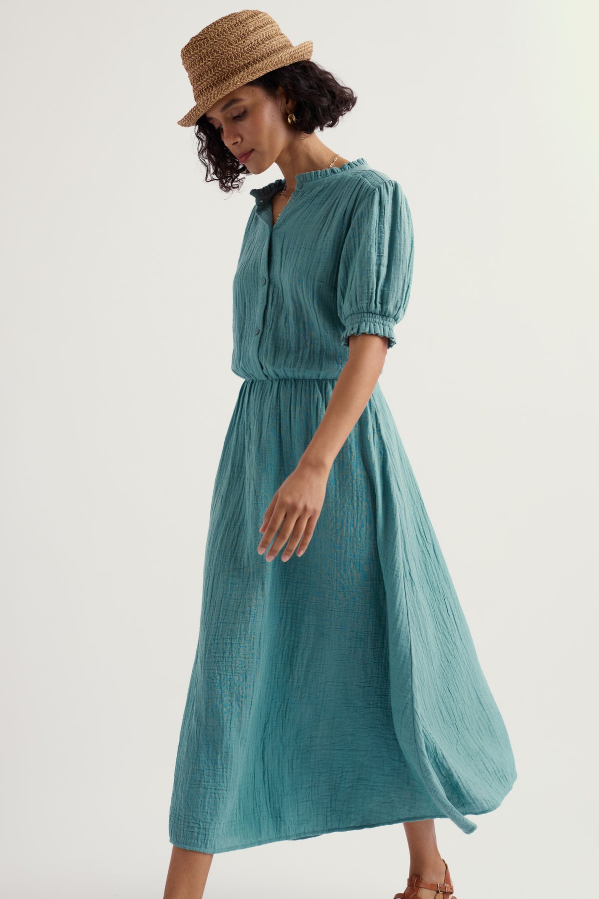 Shore Path Half-Sleeve GOTS Organic Cotton Midi Dress