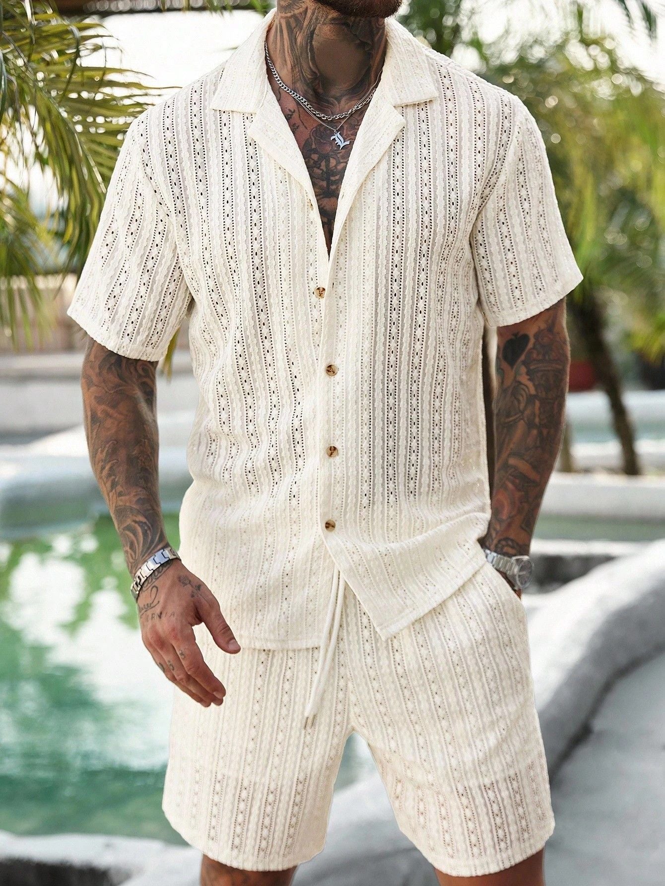 Men's Relaxed Hollow-Out Knit Resort Two-Piece Set