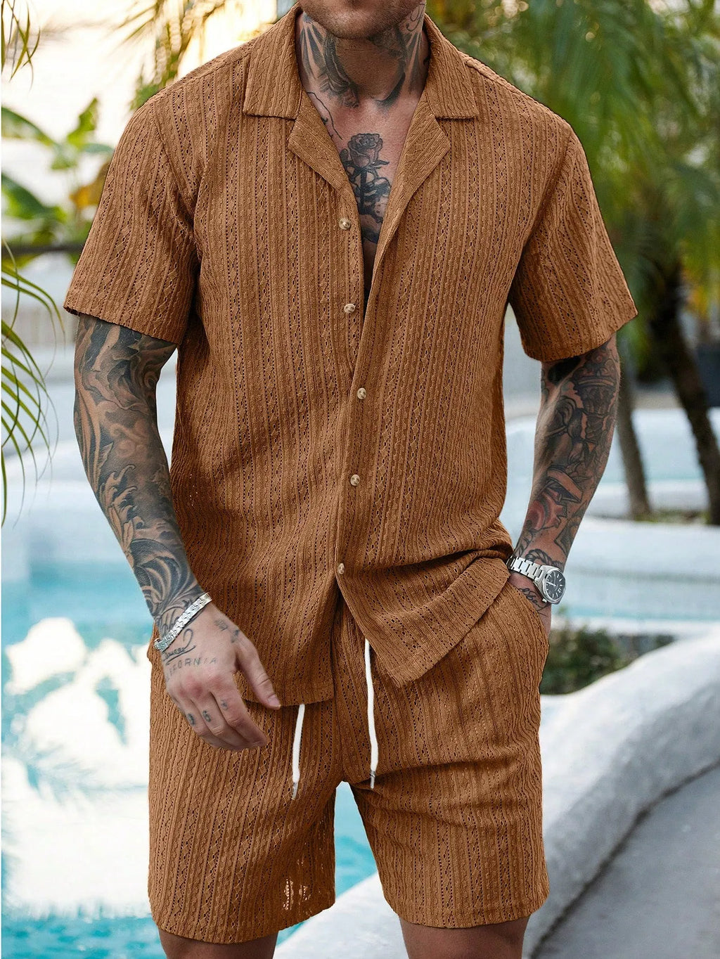 Men's Relaxed Hollow-Out Knit Resort Two-Piece Set